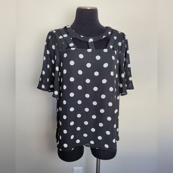 A.U.W. Polka Dot Blouse Black White Strappy Flounce Sleeve Teacher Office Medium - Picture 2 of 11